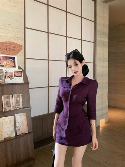 Slim-Fit Elbow-Sleeve Blouse & Mid-Rise Mini Pencil Skirt Combo