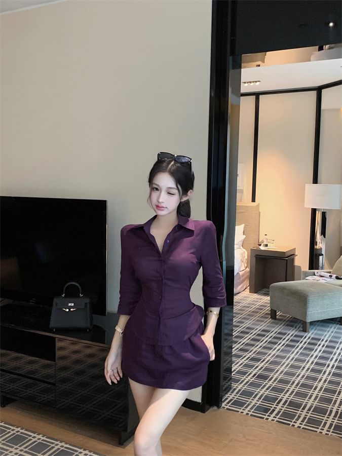 Slim-Fit Elbow-Sleeve Blouse & Mid-Rise Mini Pencil Skirt Combo