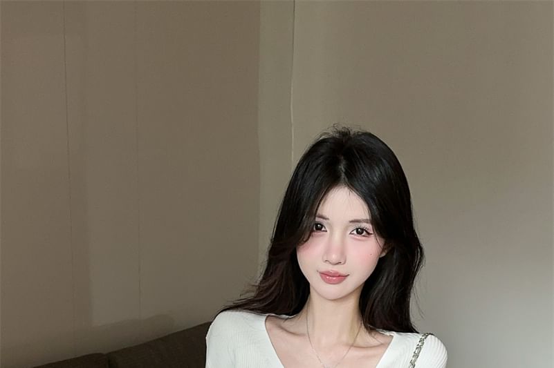 Striped Strapless Button-Up Blouse & Ribbed Cropped Knit Cardigan