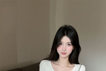 Striped Strapless Button-Up Blouse & Ribbed Cropped Knit Cardigan