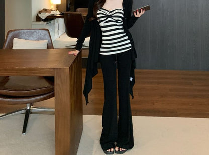 Striped Strapless Top, Asymmetrical Cardigan & Flared Pants Set