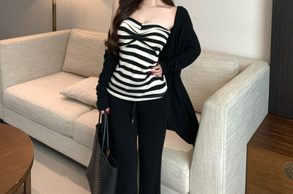 Striped Strapless Top, Asymmetrical Cardigan & Flared Pants Set