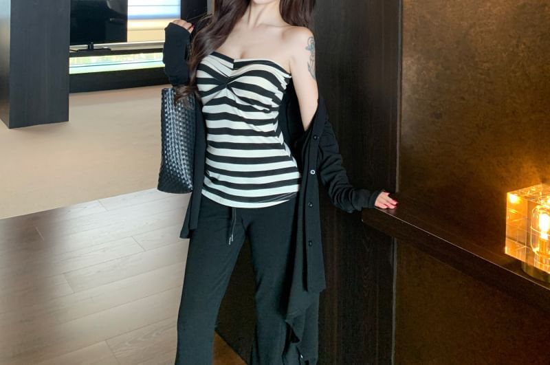Striped Strapless Top, Asymmetrical Cardigan & Flared Pants Set