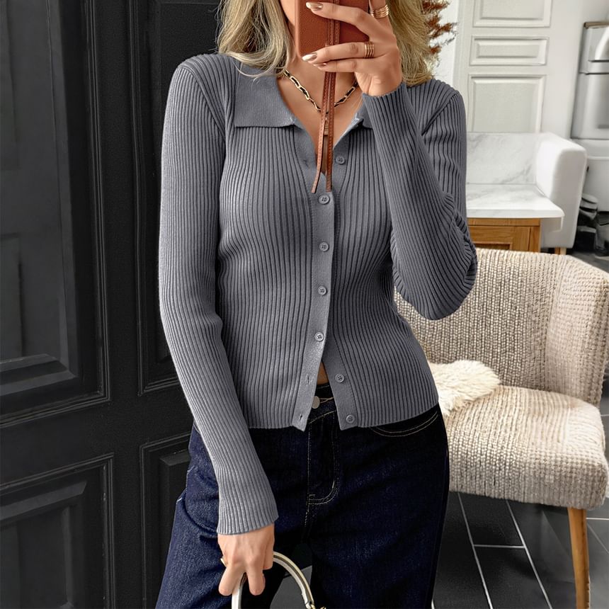 Collared Long Sleeve Ribbed-Knit Cardigan