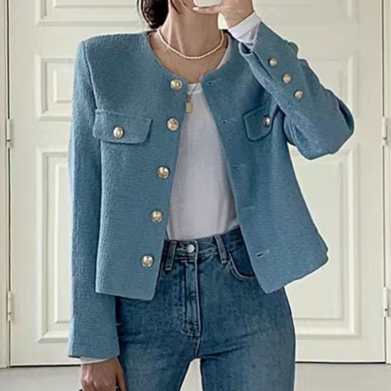 Crew Neck Button-Up Plain Tweed Jacket