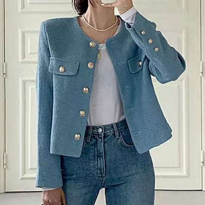 Crew Neck Button-Up Plain Tweed Jacket