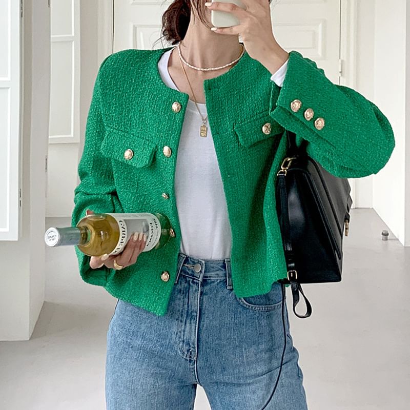 Crew Neck Button-Up Plain Tweed Jacket