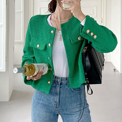 Crew Neck Button-Up Plain Tweed Jacket