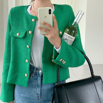 Crew Neck Button-Up Plain Tweed Jacket