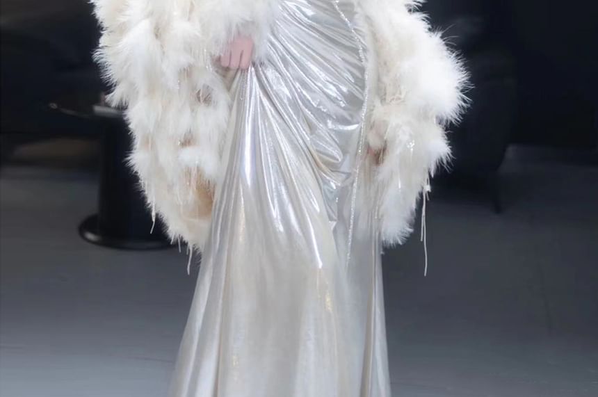 Spaghetti Strap Plain Metallic Ruched A-Line Evening Gown / Fluffy Shawl / Set