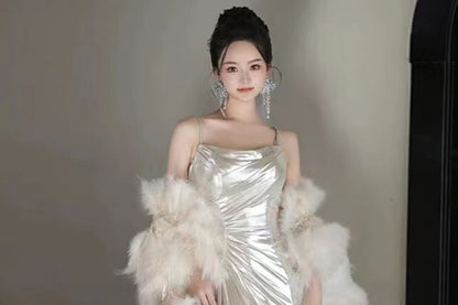 Spaghetti Strap Plain Metallic Ruched A-Line Evening Gown / Fluffy Shawl / Set