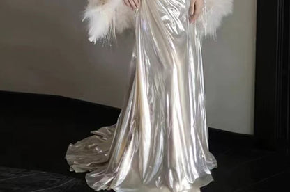 Fluffy Set Evening Spaghetti Shawl Plain / Strap Ruched A-Line Metallic Gown