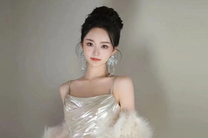 Fluffy Set Evening Spaghetti Shawl Plain / Strap Ruched A-Line Metallic Gown