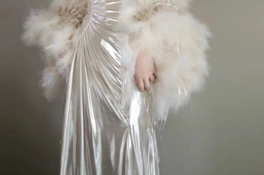 Spaghetti Strap Plain Metallic Ruched A-Line Evening Gown / Fluffy Shawl / Set