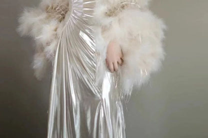 Spaghetti Strap Plain Metallic Ruched A-Line Evening Gown / Fluffy Shawl / Set