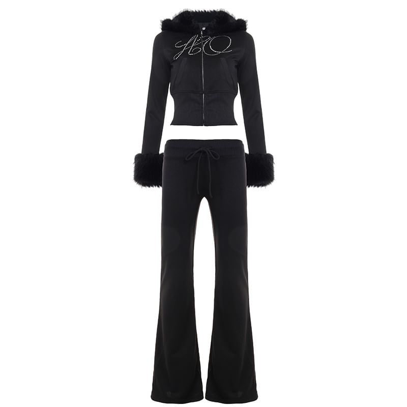 Long Sleeve Lettering Rhinestone Furry-Trim Zip-Up Jacket / Low Waist Sweatpants