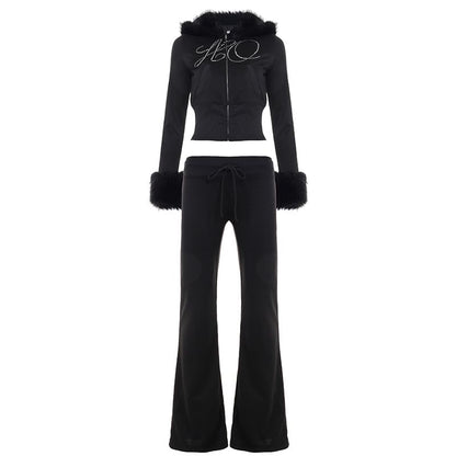 Long Sleeve Lettering Rhinestone Furry-Trim Zip-Up Jacket / Low Waist Sweatpants