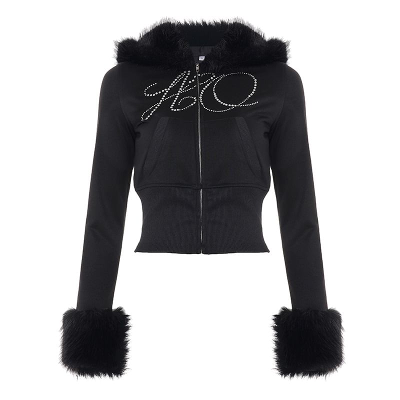 Long Sleeve Lettering Rhinestone Furry-Trim Zip-Up Jacket / Low Waist Sweatpants
