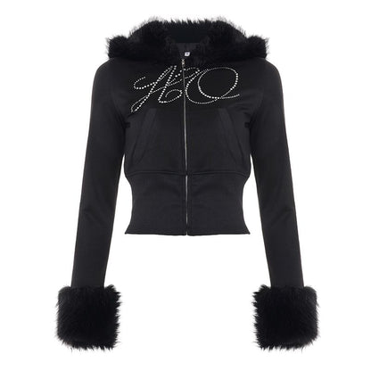 Long Sleeve Lettering Rhinestone Furry-Trim Zip-Up Jacket / Low Waist Sweatpants