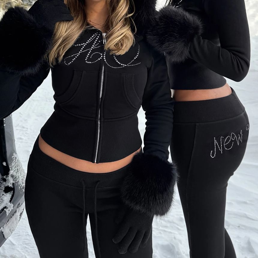 Long Sleeve Lettering Rhinestone Furry-Trim Zip-Up Jacket / Low Waist Sweatpants