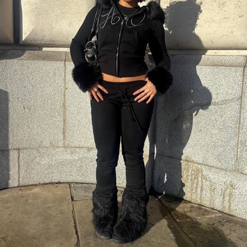 Long Sleeve Lettering Rhinestone Furry-Trim Zip-Up Jacket / Low Waist Sweatpants