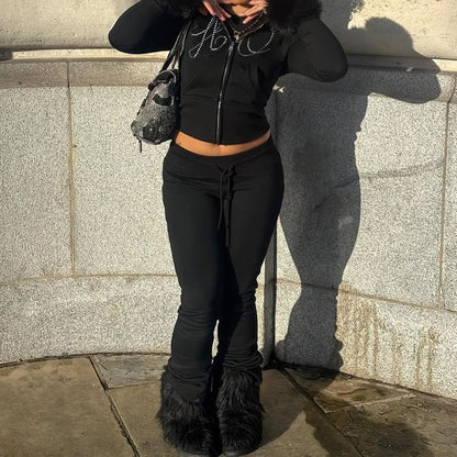 Long Sleeve Lettering Rhinestone Furry-Trim Zip-Up Jacket / Low Waist Sweatpants