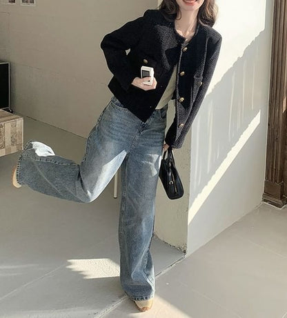 Round Neck Plain Tweed Button Jacket