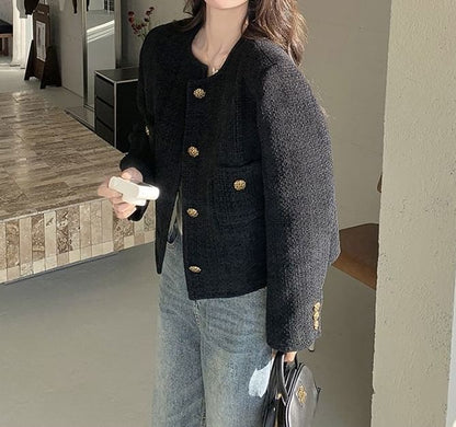 Round Neck Plain Tweed Button Jacket