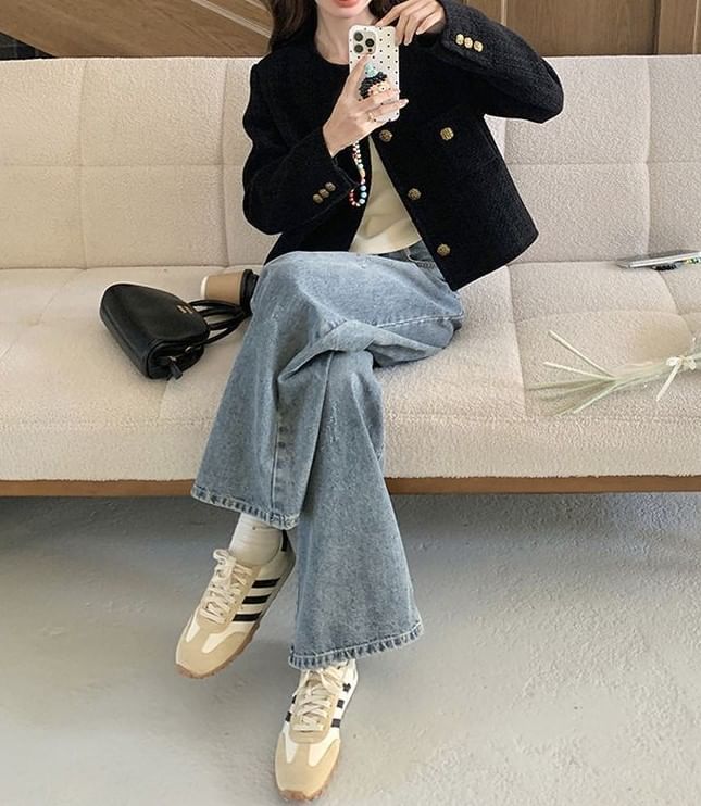 Round Neck Plain Tweed Button Jacket