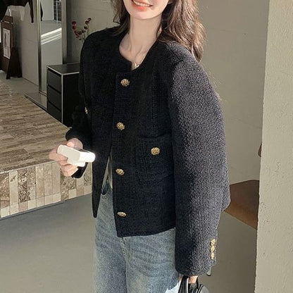 Round Neck Plain Tweed Button Jacket