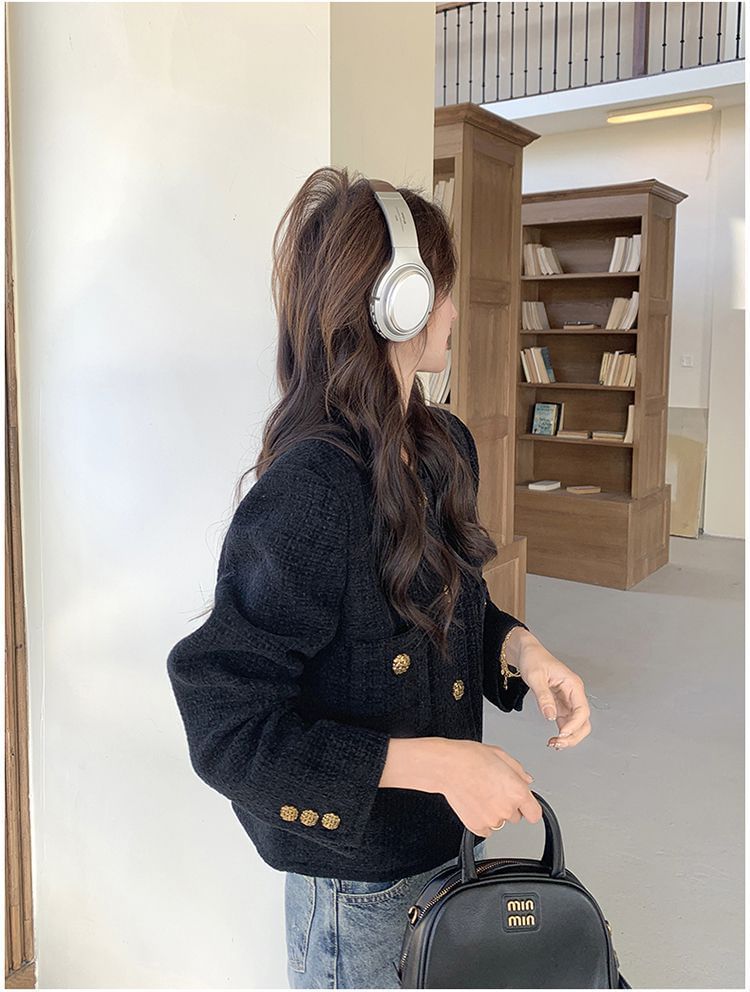 Round Neck Plain Tweed Button Jacket