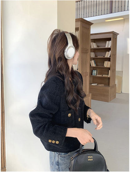 Round Neck Plain Tweed Button Jacket