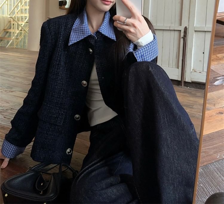 Collared Plaid Mock Two Piece Panel Tweed Button Jacket