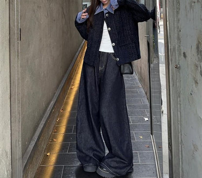 Collared Plaid Mock Two Piece Panel Tweed Button Jacket