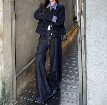 Collared Plaid Mock Two Piece Panel Tweed Button Jacket