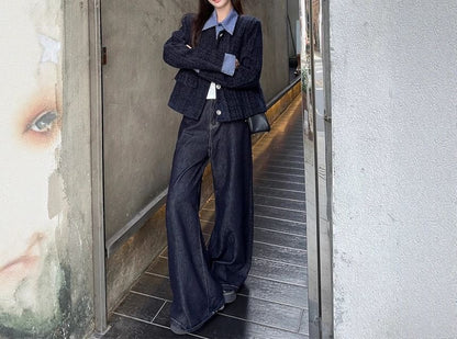 Collared Plaid Mock Two Piece Panel Tweed Button Jacket