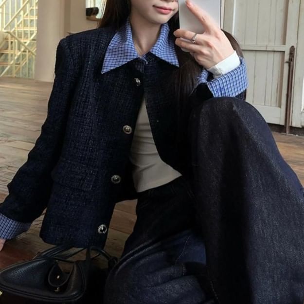 Collared Plaid Mock Two Piece Panel Tweed Button Jacket