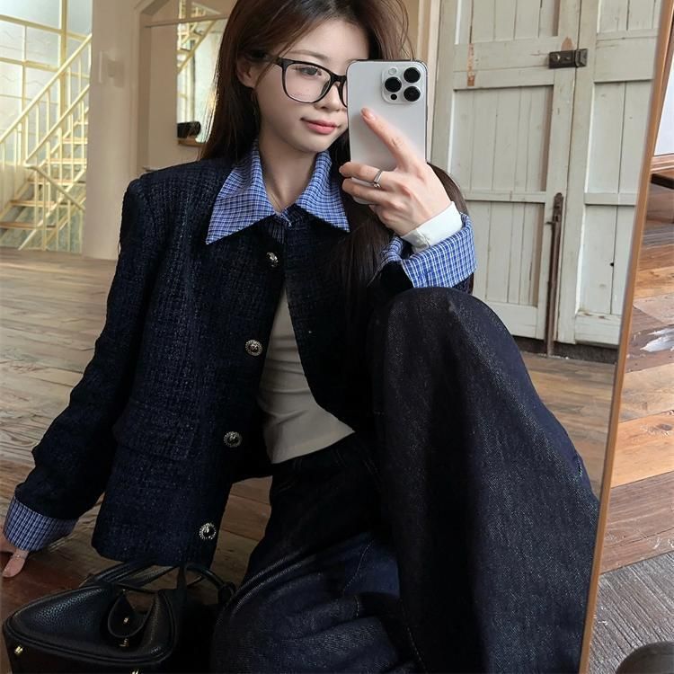 Plaid Collar Button-Up Tweed Jacket