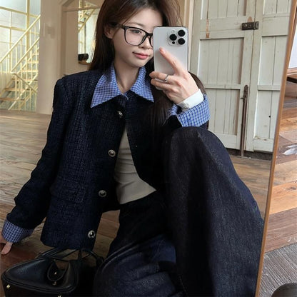 Plaid Collar Button-Up Tweed Jacket