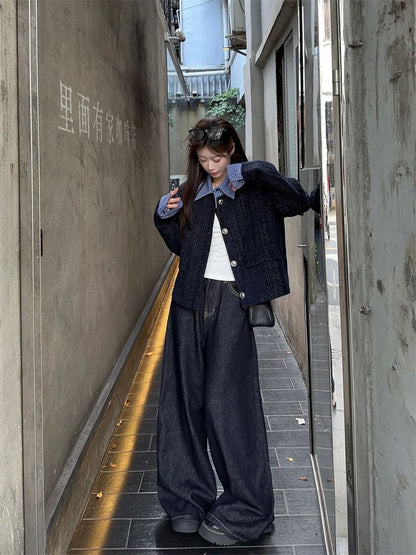 Plaid Collar Button-Up Tweed Jacket