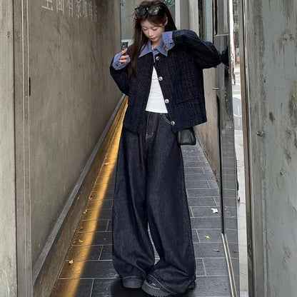 Plaid Collar Button-Up Tweed Jacket