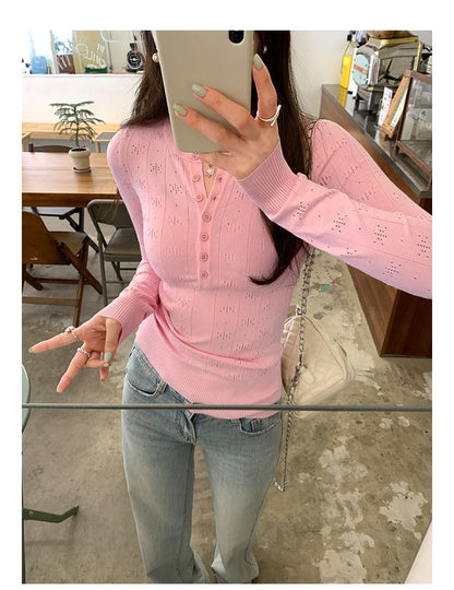 Classic Buttoned Front Long Sleeve Solid Casual Top