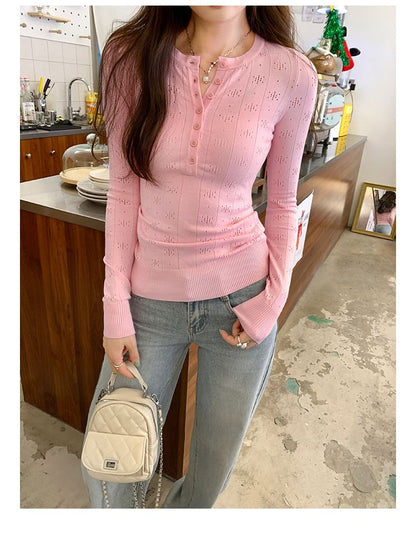 Classic Buttoned Front Long Sleeve Solid Casual Top