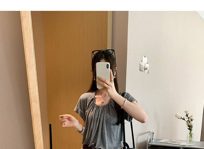 U Neckline Short Sleeve Solid Cropped Tee