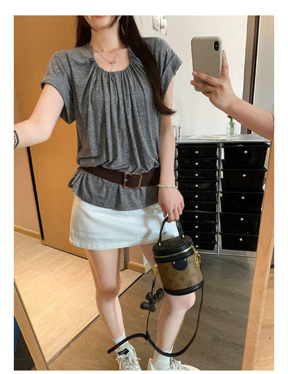 U Neckline Short Sleeve Solid Cropped Tee