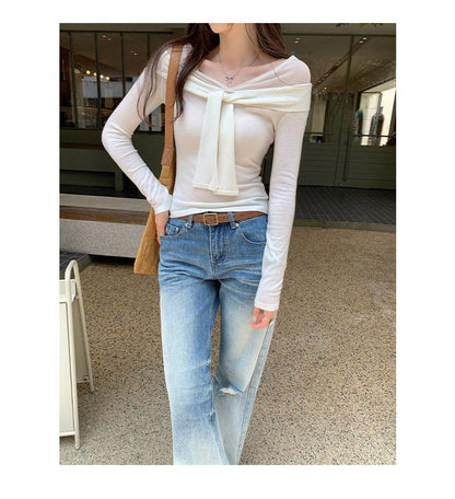 Knot Detail Mock Layer Long Sleeve Solid Top