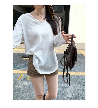 Simple V Neckline Long Sleeve Basic Blouse