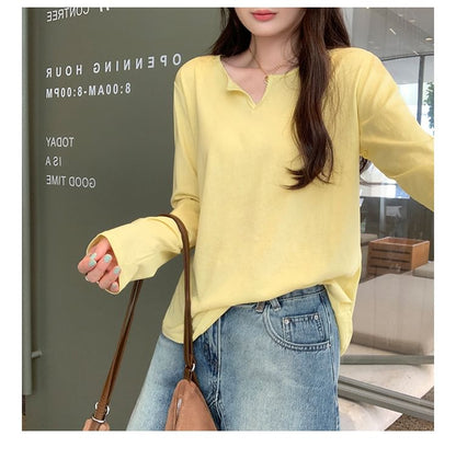 Simple V Neckline Long Sleeve Basic Blouse