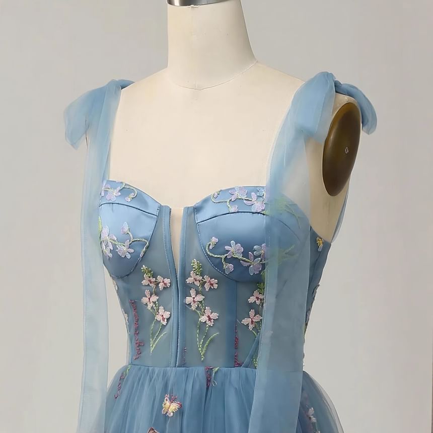 Embroidered Gown Mesh Sleeveless Floral A-Line Evening