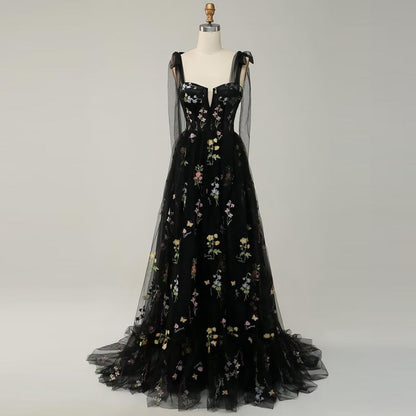 Sleeveless Floral Embroidered Mesh A-Line Evening Gown